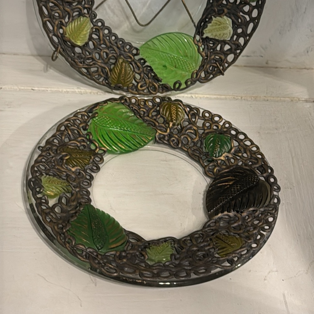 Set of 2 Glass Plate Wreath Leaves Candle Holder Wall Decor Coasters Floral